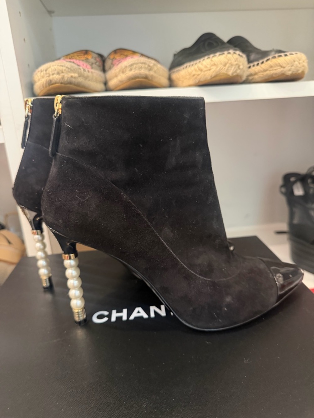 CHANEL Black Suede Ankle Boots with Pearl-Stacked Heels - Picture 2 of 5